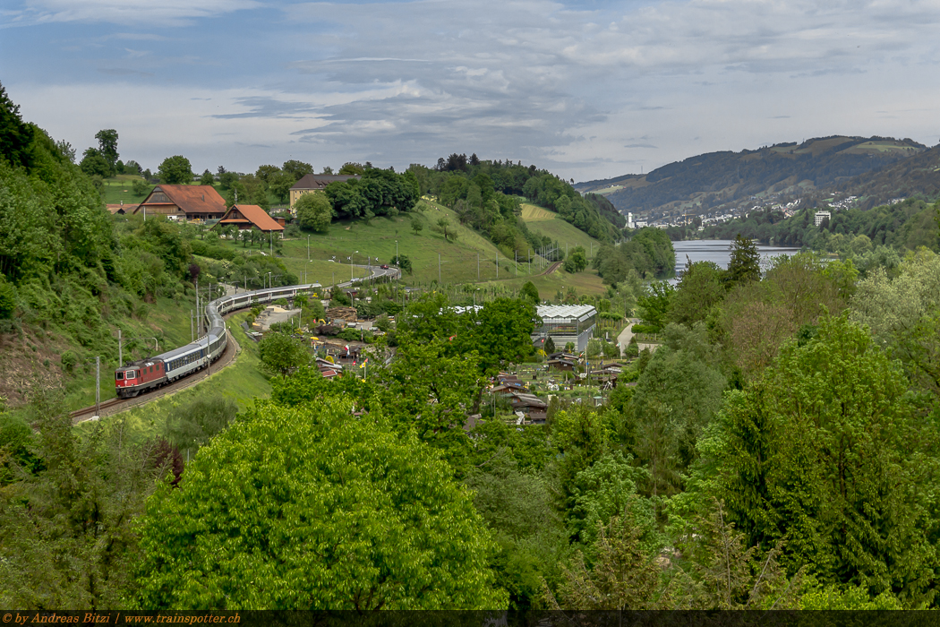 Re 4/4 II 11172 mit Pilgerzug Chur – Sargans – Pfäffikon SZ – Zug – Luzern – Bern – Genf – Lourdes