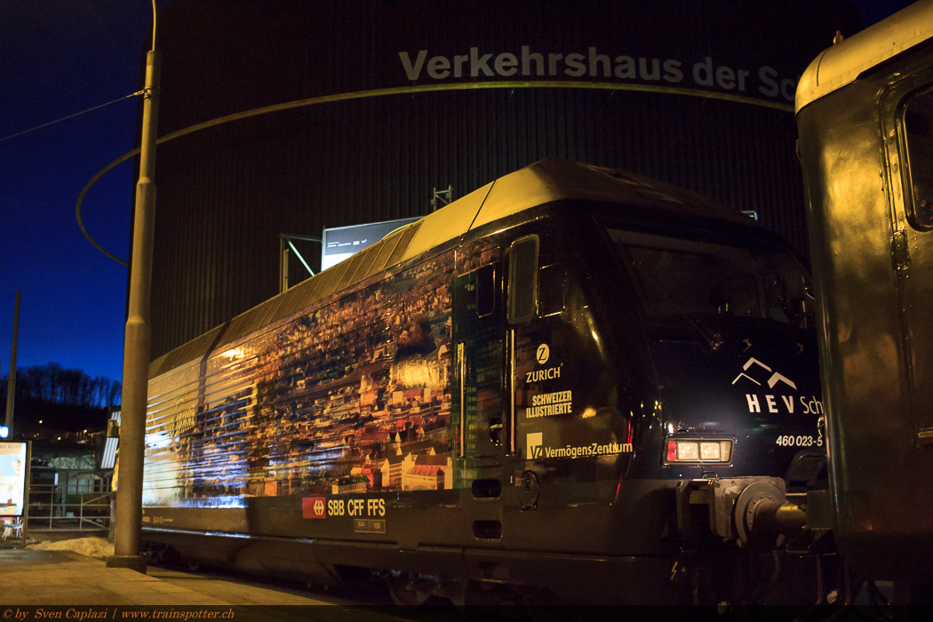 Die Re 460 023-5 ’’Wankdorf’’ ist mit Werbung für ’’100 Jahre HEV Schweiz’’ (Hauseigentümerverband) während eines Jahres auf dem Schienennetz der SBB unterwegs. Die Lok wurde am 8. Januar 2015 im Verkehrshaus Luzern vorgestellt und getauft. Um sechs Uhr morgens wurde die Lokomotive mit der Diesellok Bm 4/4 II 18451 von Luzern ins Verkehrshaus überführt.