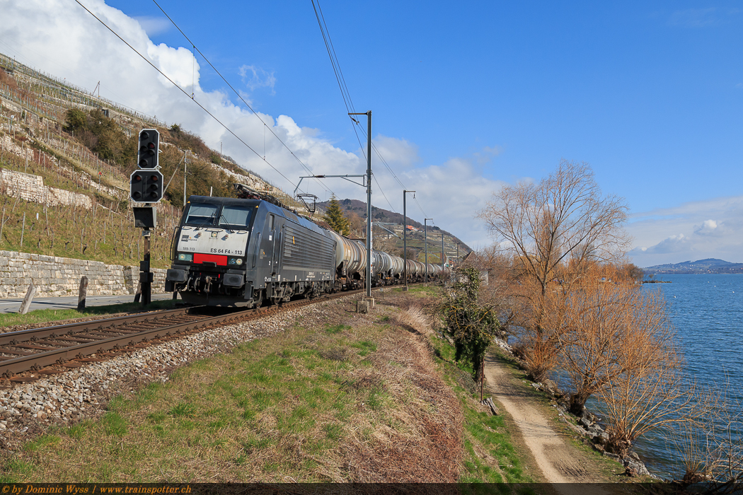 Seit einiger Zeit durchquert ein neuer Kesselwagenzug die Schweiz. Aus dem Norden bringt das Österreichische EVU Logistik- und Transport-GmbH (LTE) den Zug mit einer ES 64 F4 der MRCE nach Muttenz. Dort übernimmt das EVU Trans Rail den Zug. Trans Rail setzt in der Schweiz die ES 64 F4 der LTE ein. Ab Domodossola übernimmt InRail die Traktion für Italien. Der Leerzug zurück in den Norden fährt jeweils via Lötschberg-Bergstrecke. Aufgenommen am Sonntag, 02. März 2014