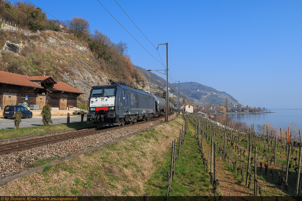 Seit einiger Zeit durchquert ein neuer Kesselwagenzug die Schweiz. Aus dem Norden bringt das Österreichische EVU Logistik- und Transport-GmbH (LTE) den Zug mit einer ES 64 F4 der MRCE nach Muttenz. Dort übernimmt das EVU Trans Rail den Zug. Trans Rail setzt in der Schweiz die ES 64 F4 der LTE ein. Ab Domodossola übernimmt InRail die Traktion für Italien. Der Leerzug zurück in den Norden fährt jeweils via Lötschberg-Bergstrecke. Aufgenommen am Sonntag, 09. März 2014