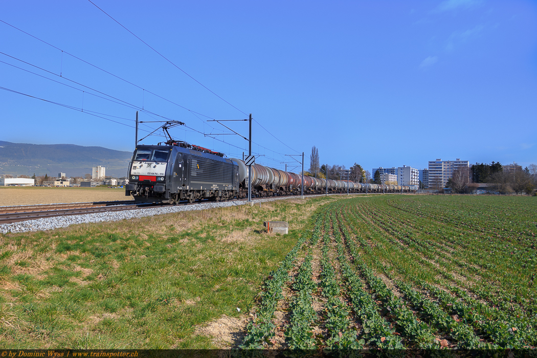 Seit einiger Zeit durchquert ein neuer Kesselwagenzug die Schweiz. Aus dem Norden bringt das Österreichische EVU Logistik- und Transport-GmbH (LTE) den Zug mit einer ES 64 F4 der MRCE nach Muttenz. Dort übernimmt das EVU Trans Rail den Zug. Trans Rail setzt in der Schweiz die ES 64 F4 der LTE ein. Ab Domodossola übernimmt InRail die Traktion für Italien. Der Leerzug zurück in den Norden fährt jeweils via Lötschberg-Bergstrecke. Aufgenommen am Sonntag, 16. März 2014